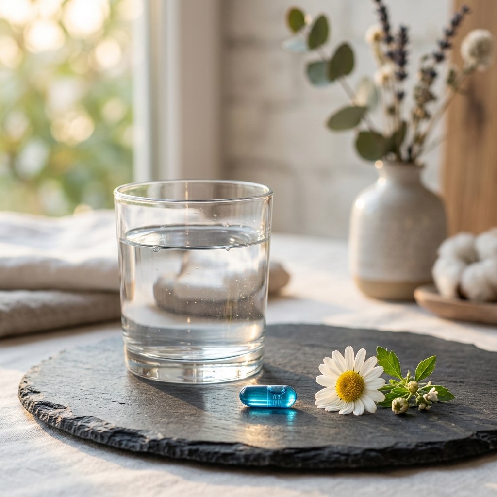 Calming wellness layout showing stress relief with capsule and chamomile
